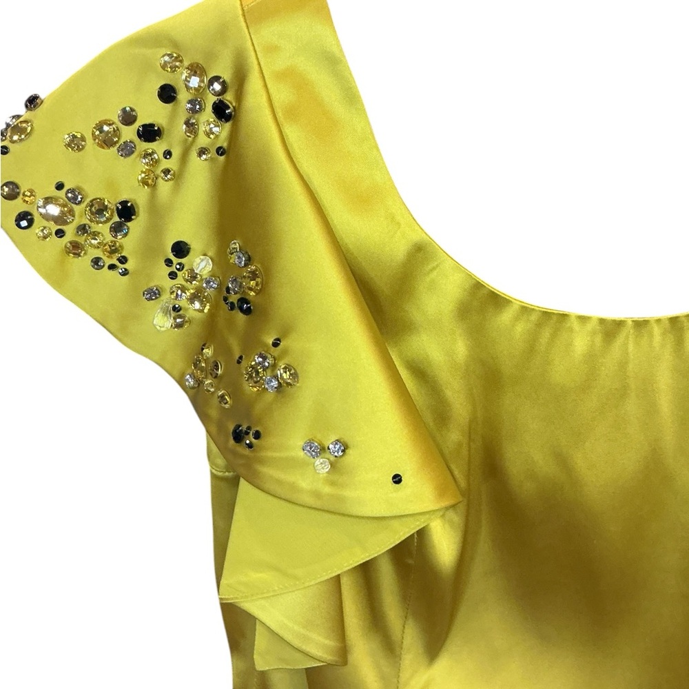 Phoebe Couture Chartreuse One Shoulder Ruffle Beaded Cocktail Dress 2